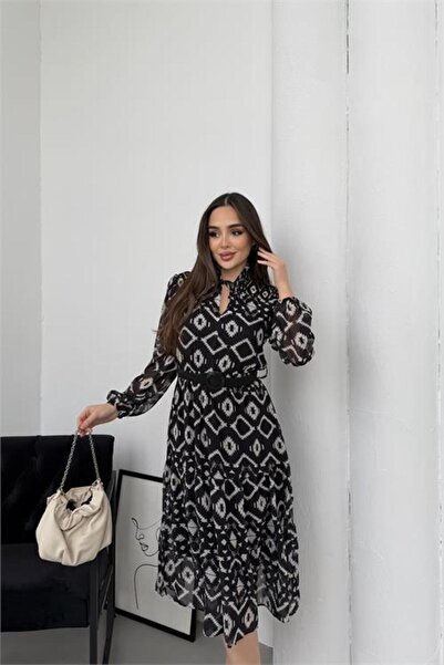 Neşeli Butik Women Mock Neck Tie Detail Geometric Pattern Midi Length Lined C...