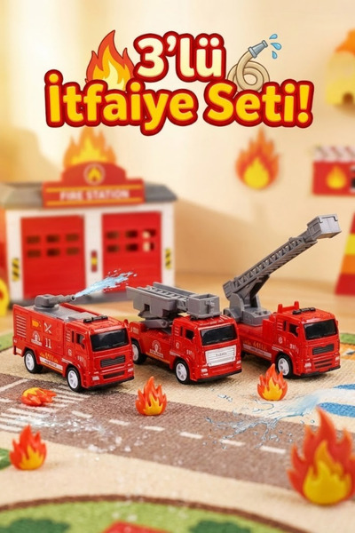 craftivio 3'lü Metal Çek Bırak İtfaiye Araba Seti - Dayanıklı Diecast Oyuncak...