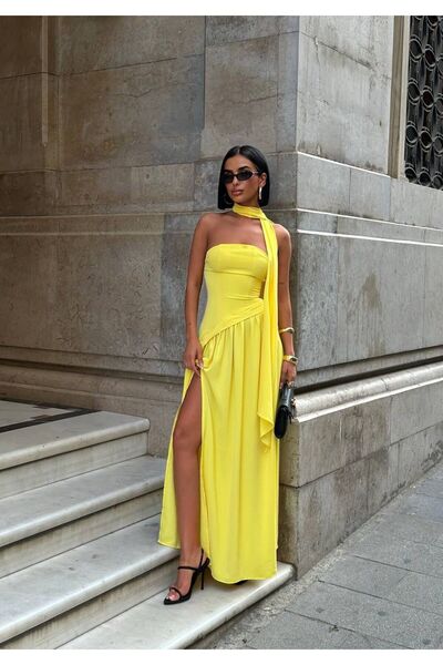 NEW JOURNAL Kadın Sarı Sırt Bağlamalı Çapraz Kesim Detaylı Yırtmaçlı Maxi Elb...