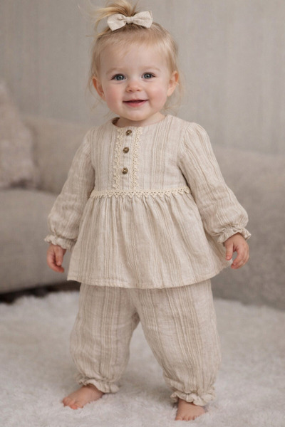 Babyhola Bohemian Style Muslin Baby Girl Lace Detailed Blouse and Drawstring ...