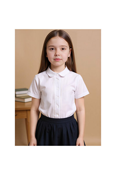 Juniors Solid Short Sleeves Shirt with Pleat Detail and Peter Pan Collar