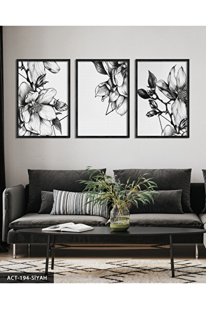 Evinemoda Crno-bela slika sa cvetovima, 3 dela, u drvenom okviru