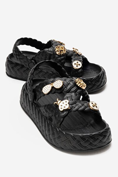 CCWAY AYAKKABI Cross Piped Women's Sandals with Stones and Accessories Black