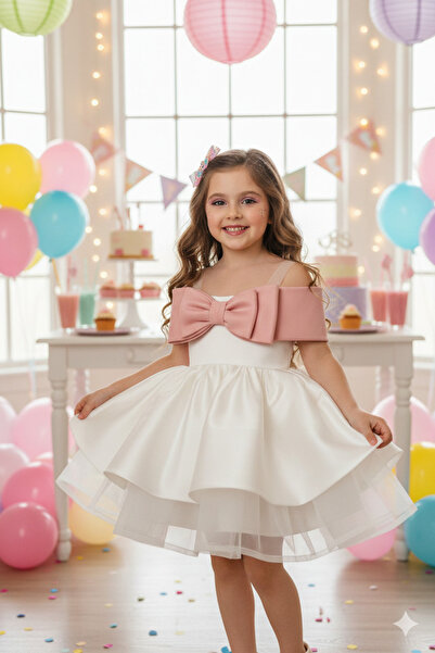 ZAIRE Rochie albă elegantă cu fundă vișinie pentru fete