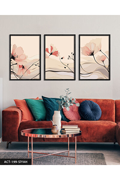 Evinemoda Tablou minimalist cu flori delicate, 3 piese, înrămat în lemn ACT
