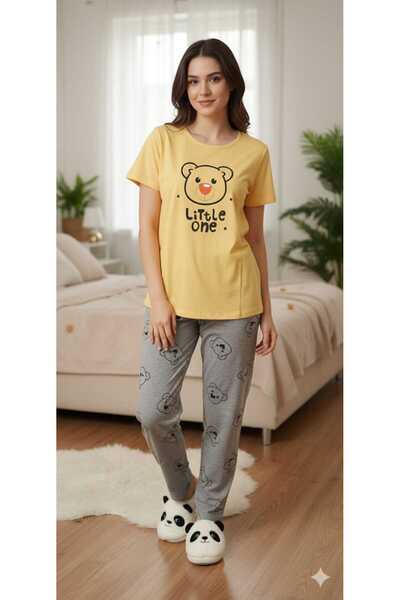 MODA Κίτρινο γκρι σετ πιτζάμες με στάμπα, από βαμβάκι Α ποιότητας, χτενισμένο...