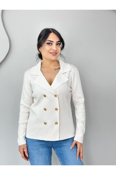 Aysel Boutiquee Zila Beyaz Ceket Yaka Gold Düğmeli Çelik Triko Hırka C1025