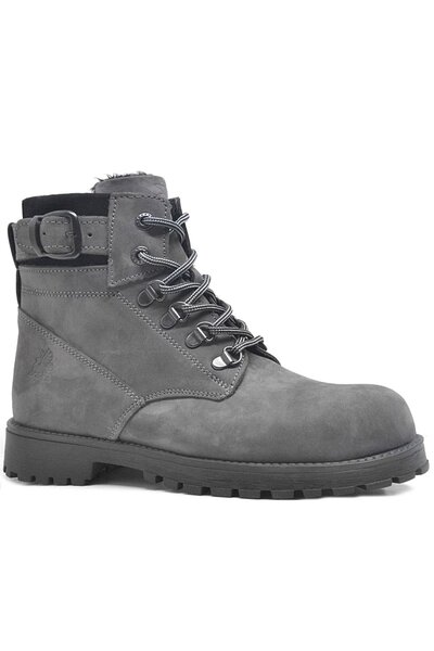 Rakerplus Оригинални кожени сиви ботуши с цип и връзки, подплатени с кожа