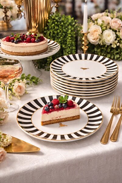 SERAMİKCİ 6 Piece Cake Plate with Striped Bird