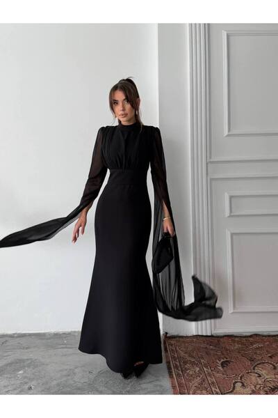 EtikaOnline Korsaj Baglamalı Tül Kol Uzun Elbise
