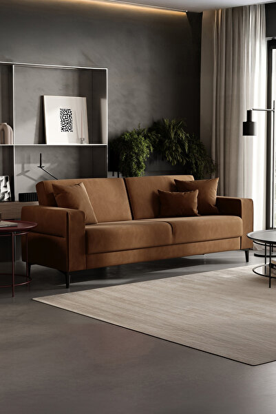 Enza Home Briza Plus 3'lü Yataklı Koltuk, Kadife Dokulu - Kızıl Kahve