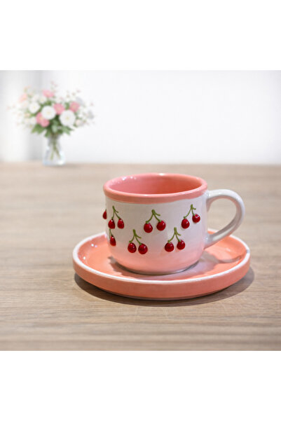 Zühre El İşlemeli Kiraz Desen Beyaz Pudra Kazan Kupa 250ml