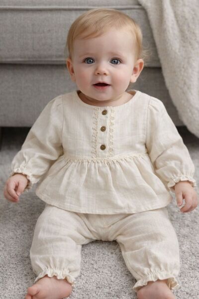 Babyhola Bohemian Style Muslin Baby Girl Lace Detailed Blouse and Drawstring ...