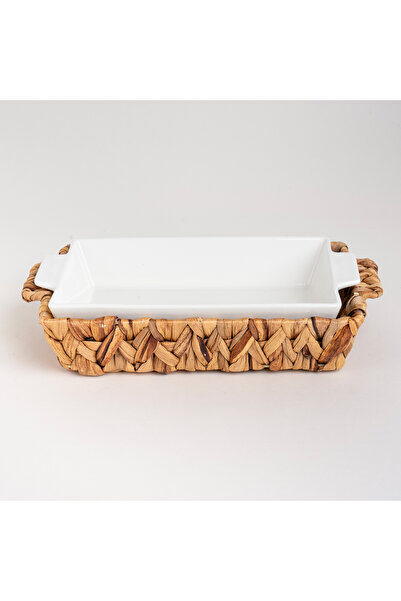 LA MESA Porcelain Rectangular Dish With Rattan Basket