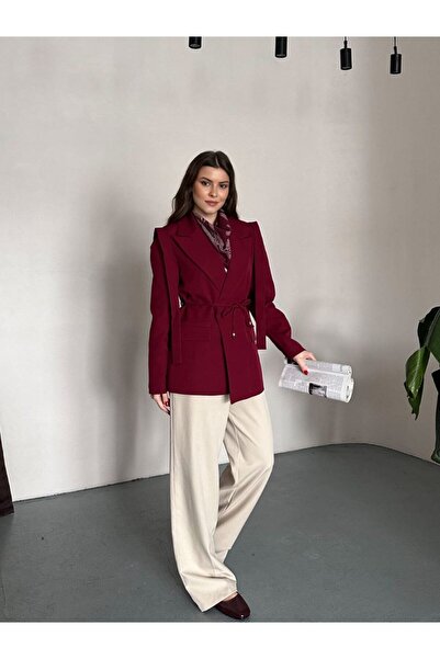 moda çağdaş Zarif Kesim Belden Bağlamalı Blazer Ceket