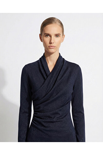 Esra Semiz Lacivert Simli Drape Detaylı Bluz