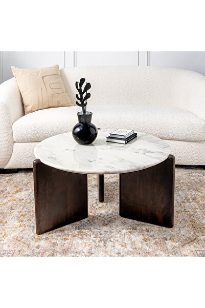 homez طاولة قهوة من الرخام والخشب، قطرها 80 سم، وارتفاعها 40 سم.