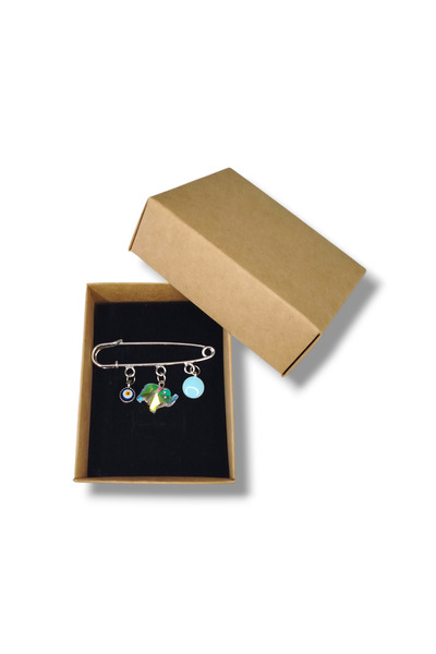 STE Mavi Taşlı Charm Detaylı İskoç İğnesi Broş – Nazar Göz, Kristal Fil Figür...