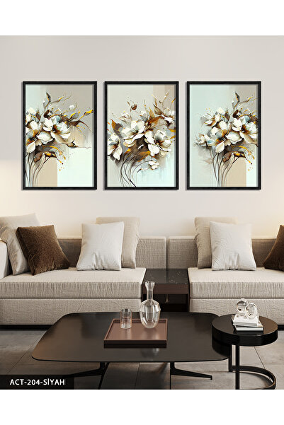 Evinemoda Yağlı Boya Görünümlü Beyaz Çiçek 3 Parça Ahşap Çerçeveli Tablo ACT