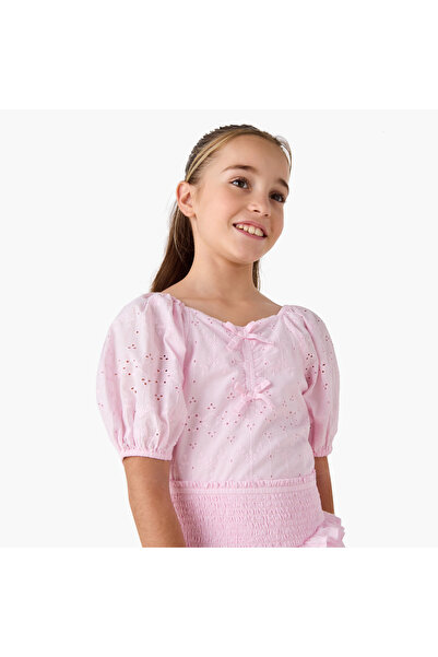 Lee Cooper Schiffli Textured Sweetheart Neck Top with Short Sleeves