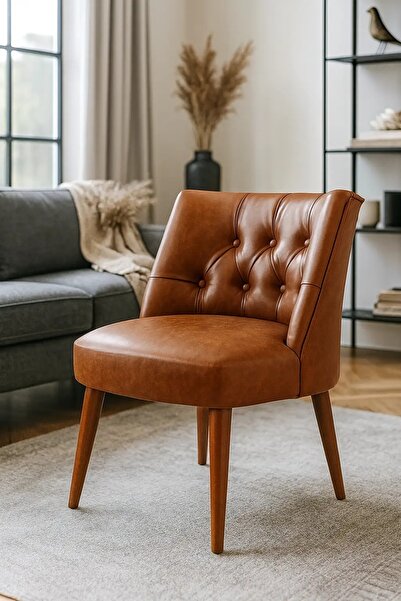 WATERYBROOK Berjer Sandalye - Kapitoneli Suni Deri - Ceviz Ahşap Ayaklı - Ret...