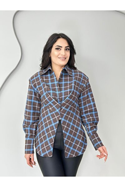 Aysel Boutiquee Echo Bebe Mavi Kahve Omzu Vatkalı Düğmeli Ekose Desenli Tasar...