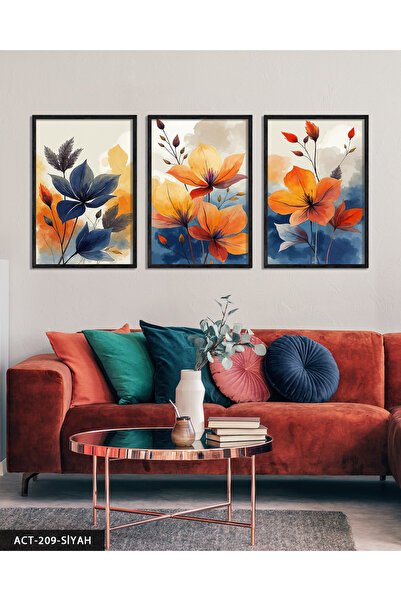 Evinemoda Flori colorate cu aspect de acuarelă, tablou din 3 piese cu ramă di...