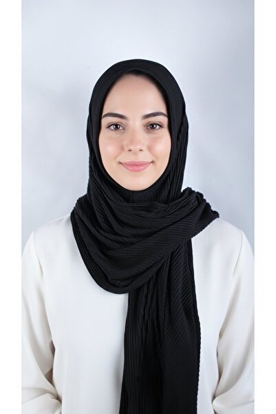 Helium Scarves Siyah Pamuklu Piliseli Pratik Penye Şal Hijab Kadın Tesettür
