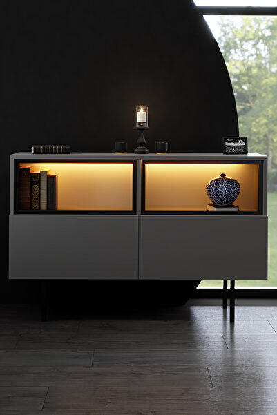 Modatte EKOL KONSOL LED IŞIKLI DEMİR AYAKLI ÇOK AMAÇLI DOLAPLI ANTRASİT TV SE...