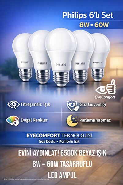 Philips LED Ampul 8.5W 6500K Beyaz Işık 6’lı Set EyeComfort E27