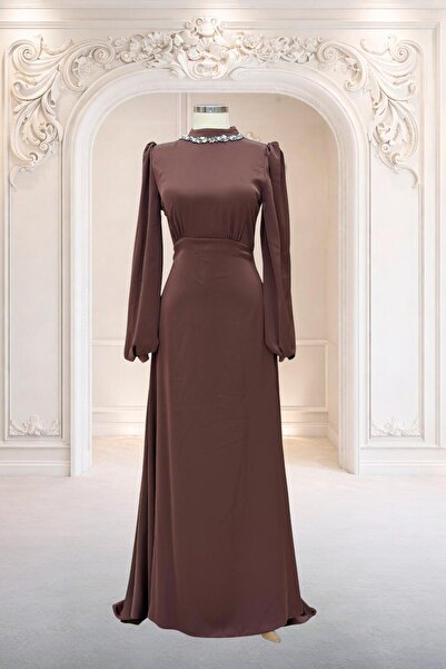 Amine Hüma Rüya Abiye Elbise Kahverengi