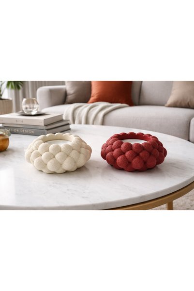 HisConcept 2’li Set Krem ve KırmızıRenk Modern Dokulu Baloncuk Mumluk | Dekor...