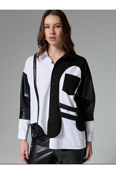 Minası Butik DERİ DETAYLI SİYAH BEYAZ GÖMLEK