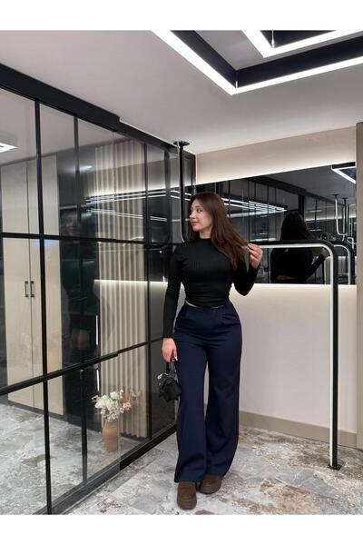 mor butik Women's Navy Blue Palazzo Pants High Waist, Wide Leg, Casual@Office...