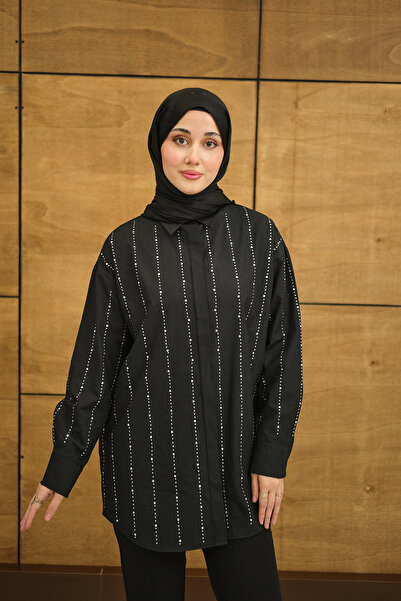 LOCCO Women's Hidden Button Front Stone Detail Regular Poplin Shirt Black