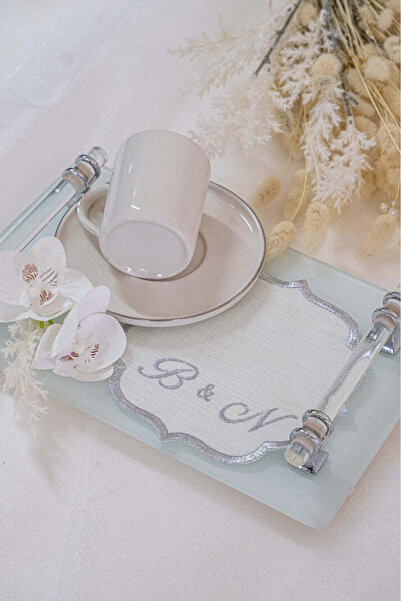 Rima Tasarım Kişiye Özel Gümüş Nakış İşlemeli ve Harfli Keten Söz Mendili