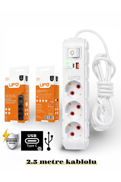 UFO Akım korumalı grup priz 2.5 mt kablolu anahtarlı Beyaz 3 lü ve USB+type-c...