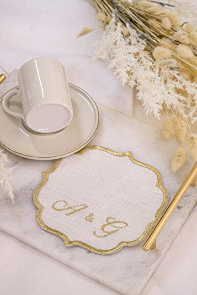 Rima Tasarım Kişiye Özel Gold Nakış İşlemeli ve Harfli Keten Söz Mendili