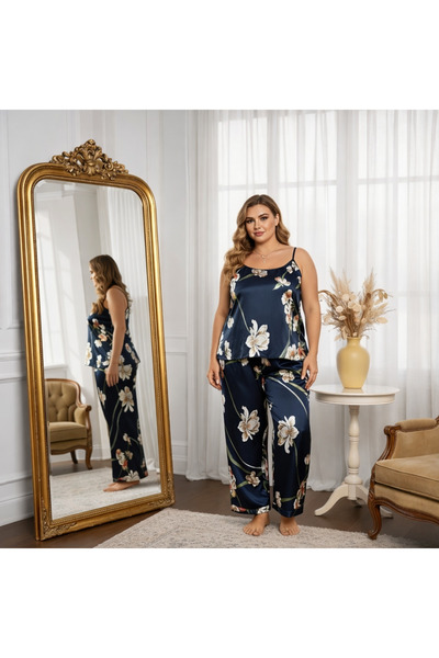 yasorawear Büyük Beden Lüks İpek Saten Çiçek Desenli Askılı Pijama Takımı