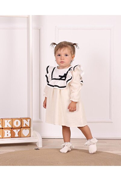 kidello Ekru Müslin Kumaş Pamuk Uzun Kollu Yakalı Kız Bebek Elbisesi | Günlük...