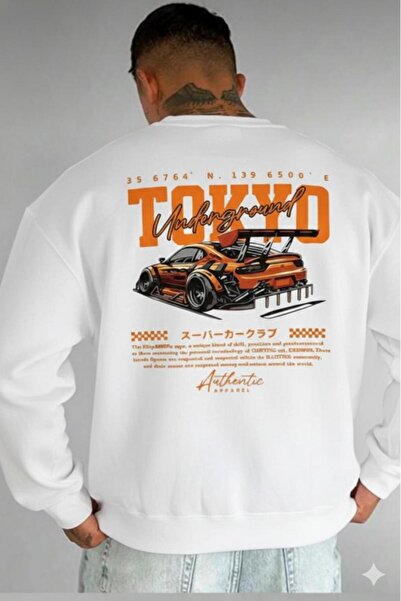 NO 601 سويت شيرت رجالي أبيض اللون من طراز Tokyo مطبوع برقبة دائرية