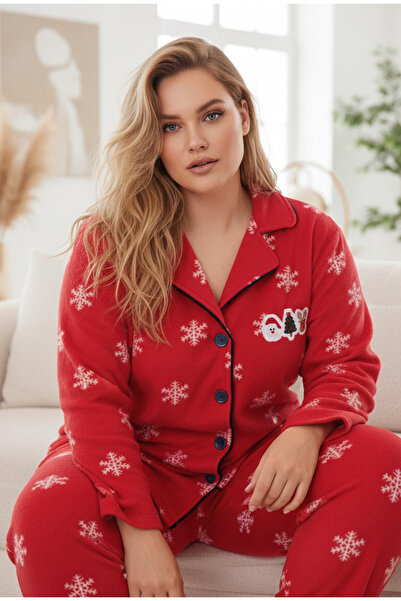 Siyah İnci Red Christmas Themed Embroidered Snowflake Patterned Plus Size Fle...