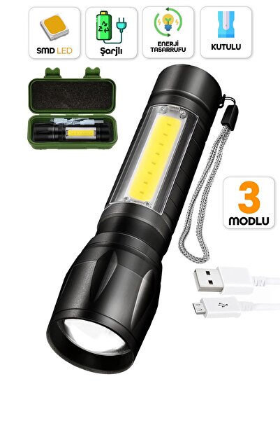 Telvesse 3 MOD METAL Şarjlı El Feneri Zoomlu Mini Boy Type-C Kutulu COB LED L...