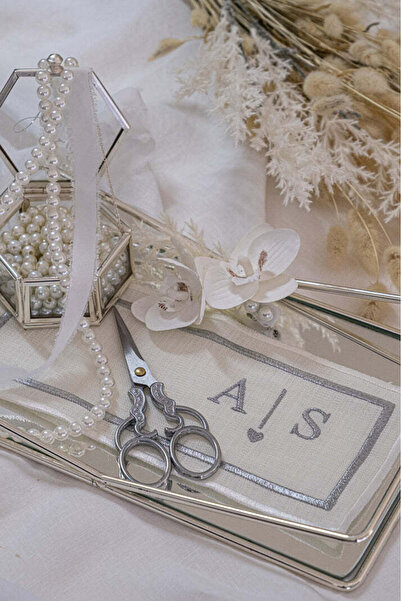 Rima Tasarım Kişiye Özel Gümüş Nakışlı Dikdörtgen Söz Tepsisi Örtüsü