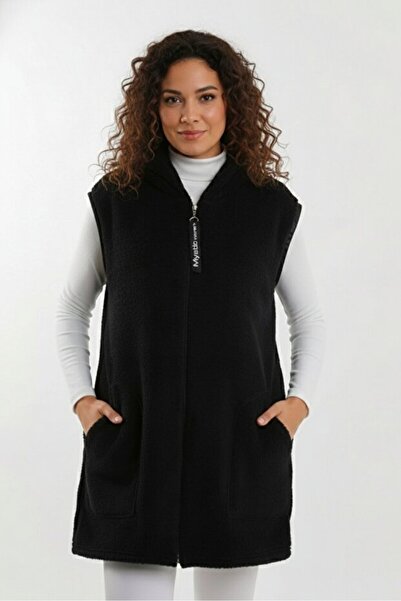 Lüx Sepet Kadın Siyah Uzun Fermuarlı Polar YELEK