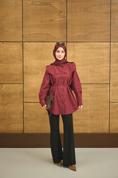 LOCCO Жіноча сорочка з поясом, поплін, бордовий