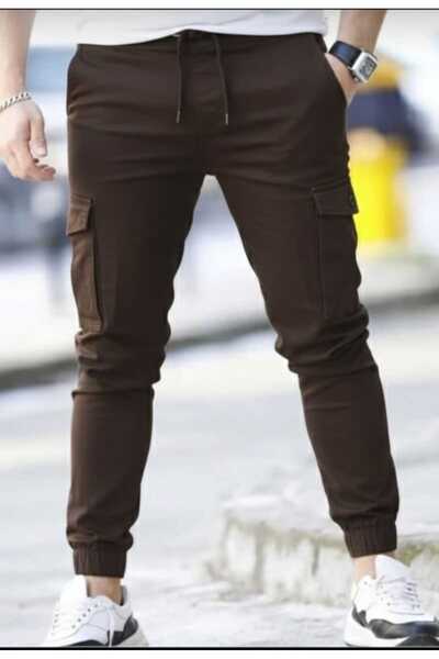 LEFNY COLLECTİON Men's Brown Quality Cotton Flexible Jogger Pants with Cargo Pocket Pockets and Elastic Waist