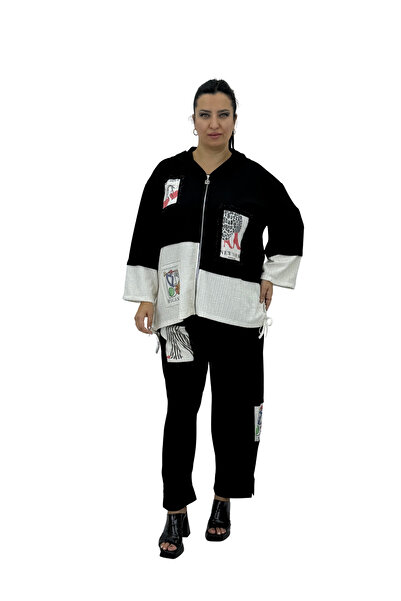 Monica Plus Size Hooded Women's Bottom and Top Set with Stone Tie Detail and ...