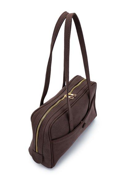 minebag Suede Rocky Women's Shoulder Bag with Front Pocket Detail Brown