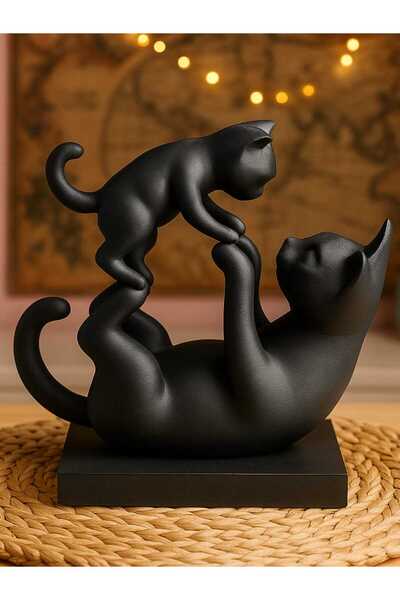 HaBu Lab 3d Anne & Yavru Kedi Heykeli | Modern Siyah Dekoratif Obje | 12 x 15 cm